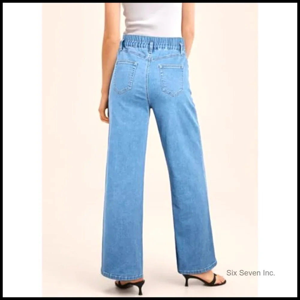 Stretchy Elastic High Waist Wide Leg Jeans Trendy Y2K Baggy Straight Trousers